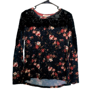 Rewind Dark Gray, Cream, & Pink Floral Print Long Sleeve Shirt with Lace Detail